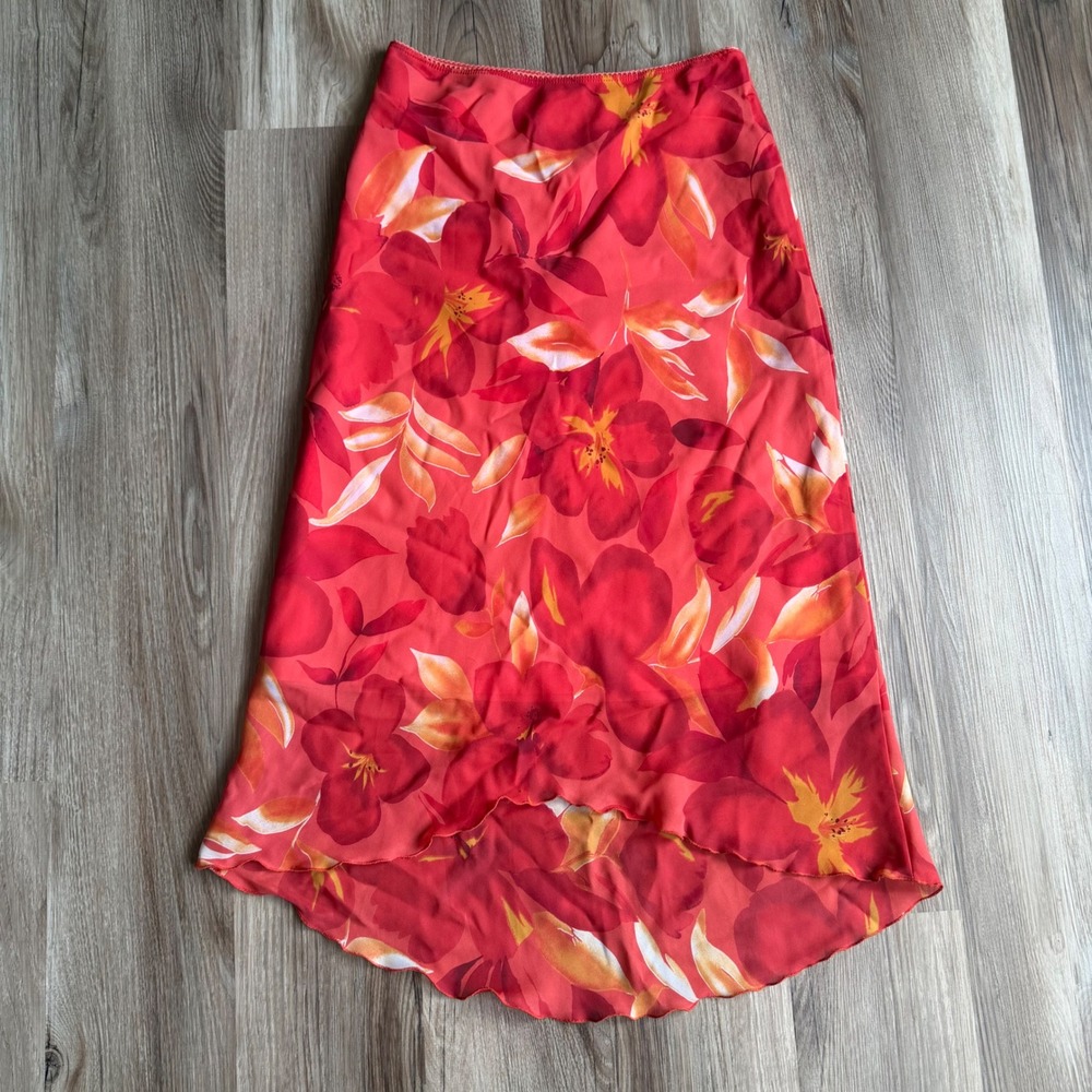 Vintage La Femme‎ Floral High Low Midi Skirt Red Orange Tropical Size 9 USA Made